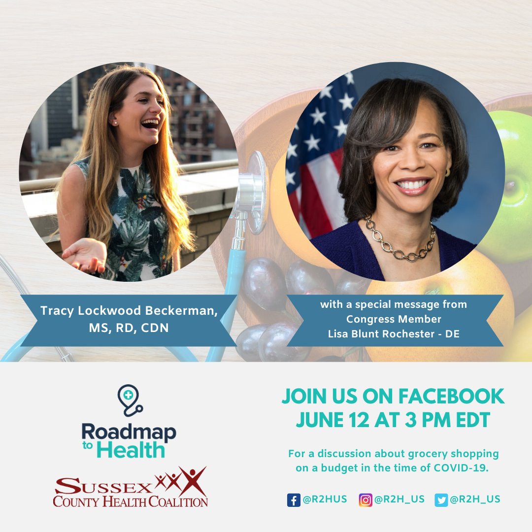 WWFH_DE's tweet photo. Go to Facebook https://t.co/iM1uIpLqLA on Friday, 6/12 at 3PM for our virtual event: Grocery Shopping on a Budget. Lisa Blunt Rochester (DE) @RepLBR and Tracy Lockwood Beckerman, RD. Thanks to partners Sussex County Health Coalition and @PhRMA.

#healthyeating, #moneysavingtips https://t.co/7SUiOVeLM8