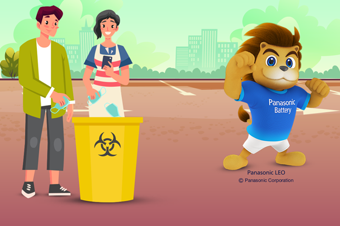 wibmex's tweet photo. Leo, la mascota de Panasonic, te recomienda deshacerte adecuadamente de tus cubrebocas y guantes usados colocándolos en una bolsa y después deposítalos en el cubo de basura para evitar la propagación del virus. #Usacubrebocas #QuédateenCasa #lávatelasmanos #covid19mx #Felizlunes https://t.co/2zhtVs9EqK