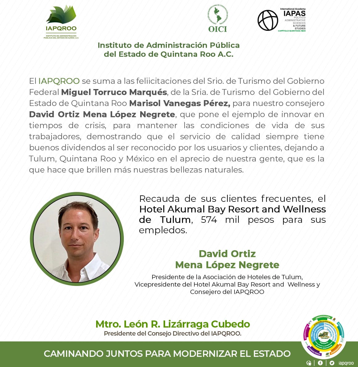 #Turismo #Liderazgo Felicidades a <a href="/DavidOrtizMena/">David Ortiz Mena</a> Presidente de  #AsociaciónDeHotelesDeAkumal <a href="/akumalbayresort/">Akumal Bay Resort</a> y Consejero del <a href="/iapqroo/">IAPQROO</a> por su solidaridad a sus colaboradores siendo reconocido por <a href="/SECTUR_mx/">SECTUR México</a> <a href="/TorrucoTurismo/">MiguelTorrucoMarqués</a> <a href="/SedeturQROO/">Sría. de Turismo Quintana Roo</a> <a href="/MarisolVanegasP/">Marisol Vanegas</a> <a href="/leonpres/">leon lizarraga</a> <a href="/cristinazuetar/">Cris</a>