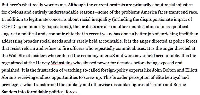 The level of anger at racial injustice, recession & elite betrayal is only going to surge amongst Americans going into November elections. "As federal support payments dry up & personal savings are exhausted" Trump is pouring fuel on fire. ht  @stephenWalt  https://foreignpolicy.com/2020/06/06/trump-violence-george-floyd-protests-coronavirus-pandemic/
