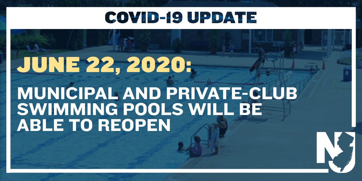 NEW: Municipal and private-club swimming pools can REOPEN on Monday, June 22nd. 🤿

<a href="/NJDeptofHealth/">NJDOH</a> will release full guidance tomorrow relating to the procedures and protocols that will need to be followed.