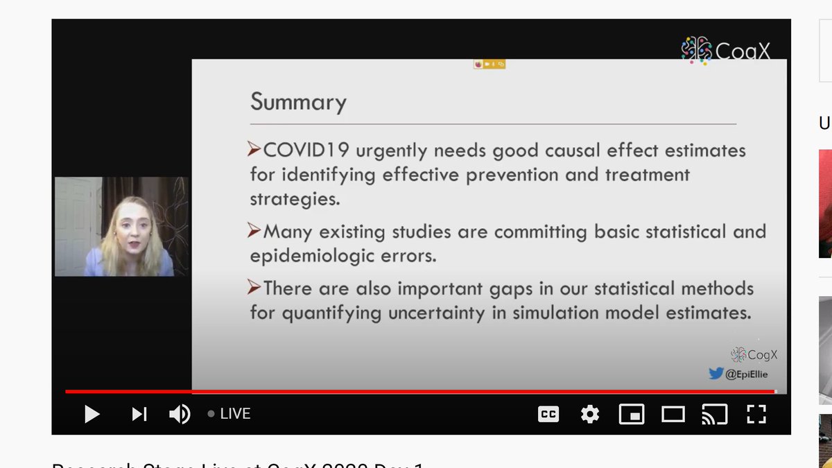 .<a href="/EpiEllie/">Dr Ellie Murray, ScD</a>, in her talk 'Why causal inference can help COVID-19 research' says: "#COVID19 urgently needs good #causaleffect estimates for identifying effective prevention and treatment strategies."

Join the live Q&amp;A at 6pm with our #Causalinference speakers #TuringCogX #CogX2020