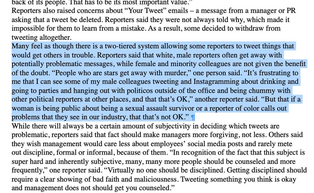 semaforben's tweet photo. Reporters also complain of a "two-tiered system" in which "white, male reporters often get away with potentially problematic messages, while female and minority colleagues are not given the benefit of the doubt" https://t.co/RAVrGyVbYW