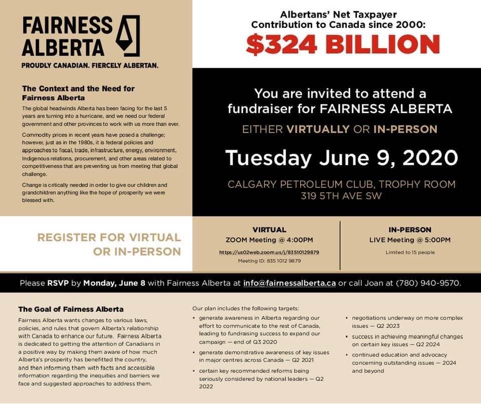 YYCScottyD's tweet photo. @FairnessAlberta is raising funds to further the conversation about Alberta’s contribution to confederation and addressing the challenges we continue to face. Non-partisan, non-separatist. Join me tomorrow for this virtual event and let’s raise some $$! #canpoli #alberta https://t.co/uGwn2SinOr