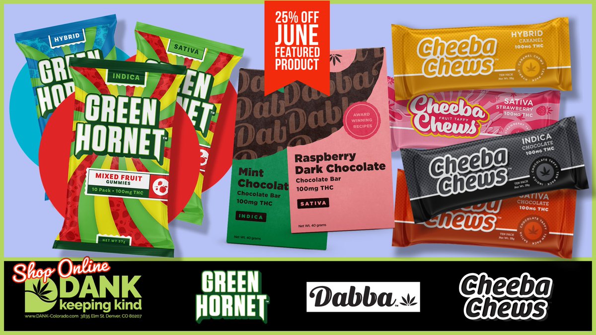 ColoradoDANK's tweet photo. This June, DANK features an OG license holder in Colorado now representing three brands, @CheebaChew taffy, Dabba Chocolate and Green Hornet gummies. Started in 2009, their THC and CBD infused edibles are effective and a budtenders favorite. #bestedible #coloradodispensary https://t.co/9EYL8nEES0