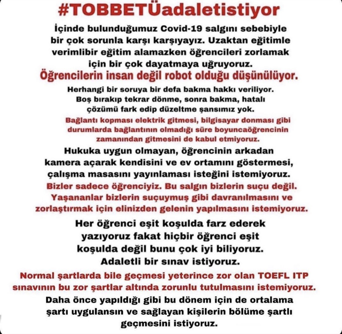 #TOBBETÜadaletistiyor İstanbulEczacılık Mağdur zorlu pandemi sürecinde öğrencilerin çevresinde hasta olan bir aile bireyi var yok bilmeden, internet altyapıları kötü olanlar için alternatif olmadan bu sınav sistemi zorlaması neden ?