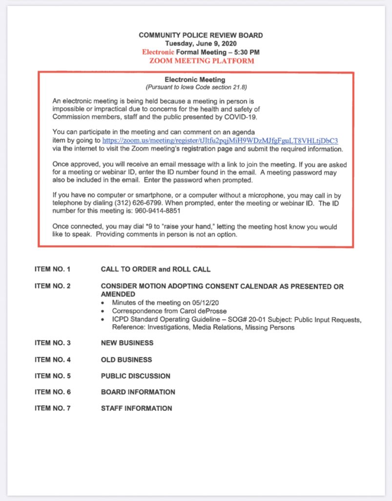 pigeonduchess's tweet photo. TOMORROW NIGHT AT 5:30 PM IOWA CITY IS HOLDING THE COMMUNITY POLICE REVIEW BOARD MEETING ON ZOOM. 

YOU HAVE TO REGISTER BEFOREHAND IN ORDER TO ATTEND. LINK DOWN BELOW.

REGISTER ASAP!!!!

 A CITY BOARD MEETING SHOULD NOT BE EXCLUSIVE. ATTEND AND HOLD THEM ACCOUNTABLE. https://t.co/92159EvQqH