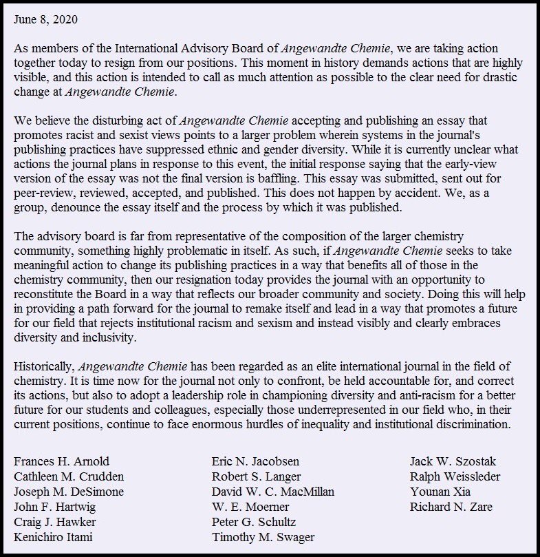 Frances Arnold (@francesarnold) on Twitter photo For those of us who were listening to our black colleagues last week #BLM, the timing of the Hudlicky essay in <a href="/angew_chem/">Angewandte Chemie</a> could not have been worse. How such a poorly written and poorly reasoned piece have been reviewed and published there is beyond me. TY <a href="/Joseph_DeSimone/">Joseph DeSimone</a>. For those of us who were listening to our black colleagues last week #BLM, the timing of the Hudlicky essay in <a href="/angew_chem/">Angewandte Chemie</a> could not have been worse. How such a poorly written and poorly reasoned piece have been reviewed and published there is beyond me. TY <a href="/Joseph_DeSimone/">Joseph DeSimone</a>.