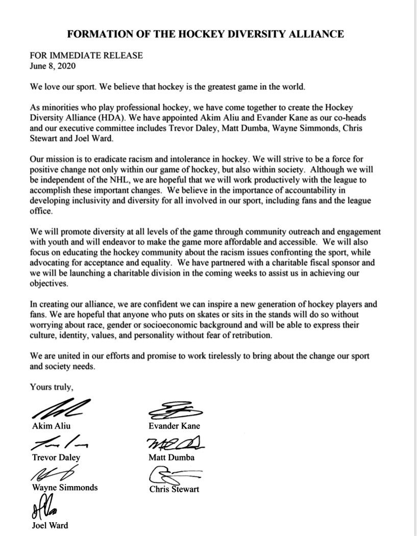 A group of active and former NHL players of colour form the Hockey Diversity Alliance, with a mission to "eradicate racism and intolerance in hockey". 

(📸: @evanderkane_9)
