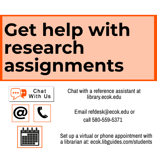 We're here to help you with your online summer classes! Chat with us at library.ecok.edu, email us at refdesk@ecok.edu, call us at 580-559-5371 or set up an appointment with a librarian at ecok.libguides.com/students
