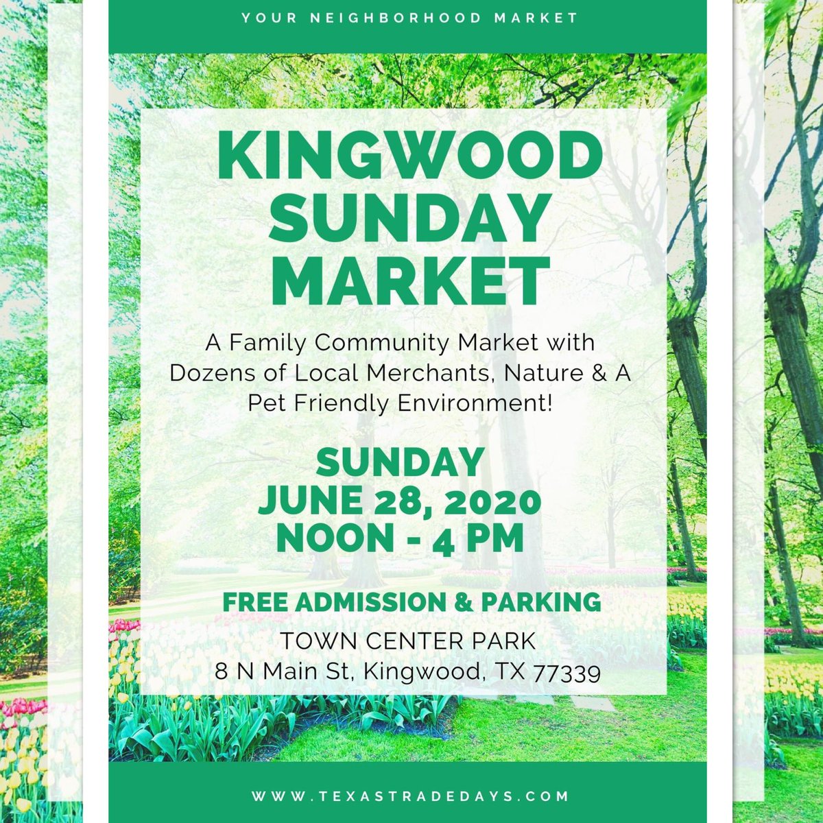 Shop local at the Kingwood Sunday Market on June 28 at Town Center Park in Kingwood from 12-4pm. Free Admission and Parking. Family and Pet Friendly. <a href="/texastradedays/">Texas Trade Days</a> 

SENIOR/AT RISK HOUR: 12 to 1 PM
GENERAL PUBLIC: 1 to 4 PM
CURBSIDE PICKUP AVAILABLE

facebook.com/events/1016306…