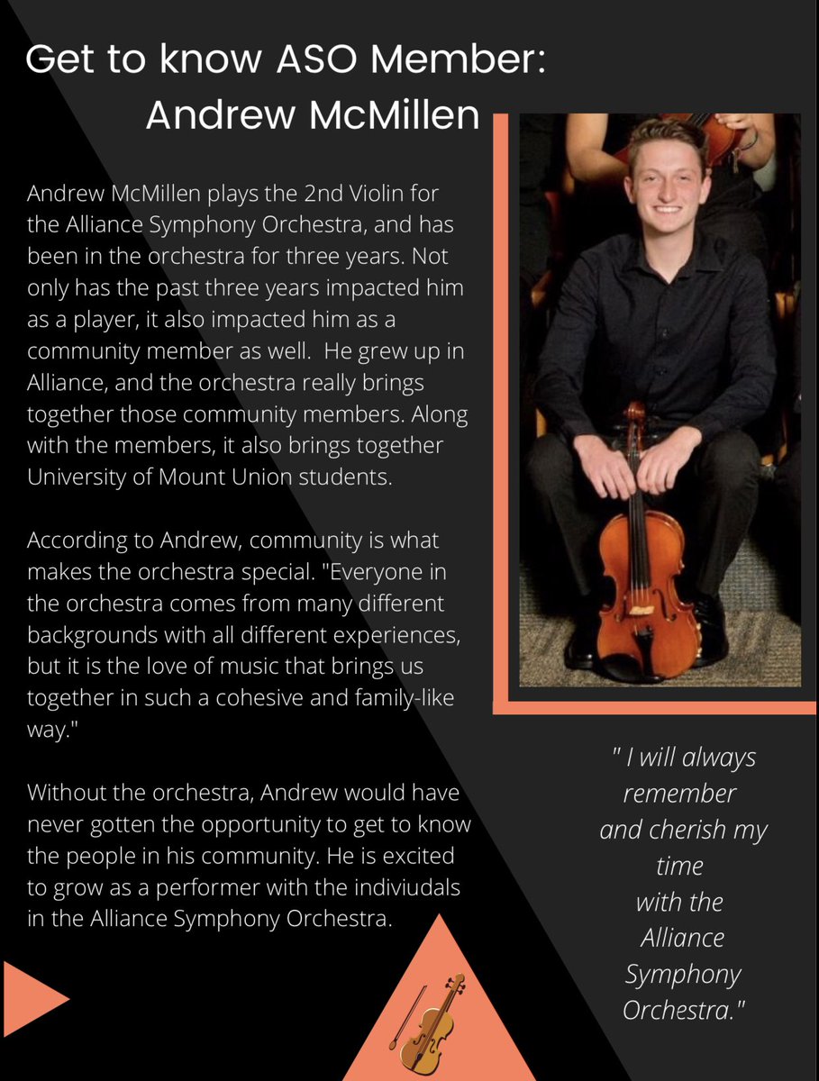 At this time of separation from the orchestra, our members have reflected on their experiences with music and the Alliance Symphony. Meet violinist Andrew McMillen. <a href="/mountunion/">Univ. of Mount Union</a>