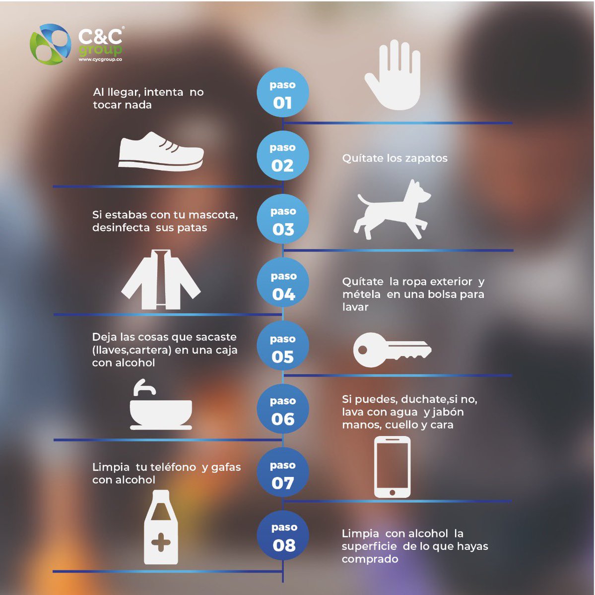 cycgroupco's tweet photo. Ten en cuenta estas recomendaciones para cuando llegues a casa de la calle. Son pasos muy simples que si sigues de forma meticulosa, te protegerán a ti y tu familia. 
#cuidándotesiempre #cycgroup #cali #recomendaciones #limpieza #prevencion #covid_19 #desinfección https://t.co/3NXyRsNcPm