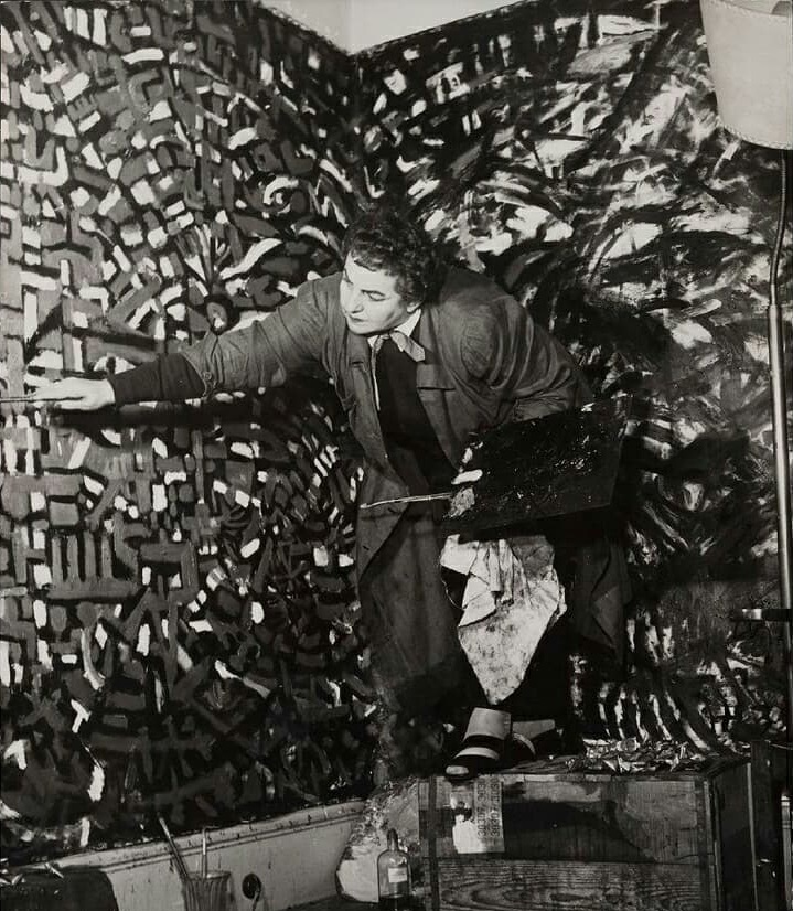 Tate's tweet photo. Finding inspiration today in the work of Turkish artist #FahrelnissaZeid (1901–1991), best known for her vibrant, kaleidoscopic paintings. Here she is in her studio in Paris, where she painted by tacking canvases across the walls. https://t.co/AbpKArLJ3g https://t.co/tic4ImqQOX
