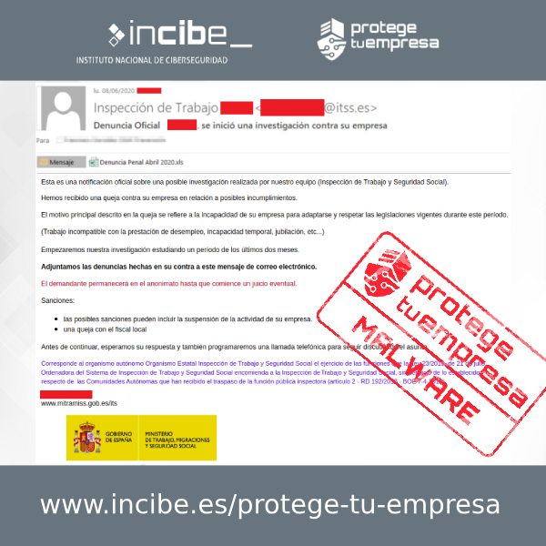 ProtegeEmpresa's tweet photo. #AvisoSeguridad. Detectada campaña de correos electrónicos que contienen #malware que utiliza el nombre de Inspección de Trabajo como señuelo. Si recibes un correo como el de la imagen, envíalo a la basura y #ProtegeTuEmpresa.
https://t.co/axoMGwyt7M https://t.co/A1a5TAn7Oo