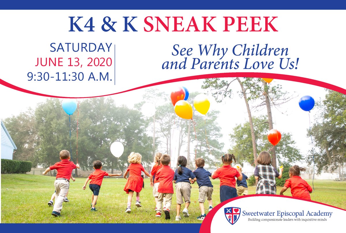 SEA_Today's tweet image. Our first Sneak Peek for K4 &amp;amp; K is this Saturday, June 13@9:30am. We are excited to welcome prospective new families to our campus. Please RSVP to deiger@sweetwaterepiscopal.org so that we can safely accommodate everyone according to CDC guidelines at our event.