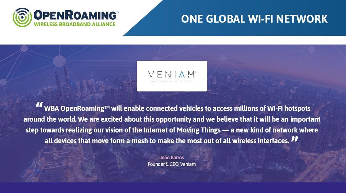 veniamworks's tweet photo. Veniam is delighted to announce our active support to the Wireless Broadband Alliance (WBA) in launching the WBA OpenRoaming™ standard at the end of May 2020!

For more information https://t.co/DbW9s5GU0f

#wirelessbroadbandalliance #veniam #connectivity #wifi #openroaming https://t.co/PGDBAHPuUL