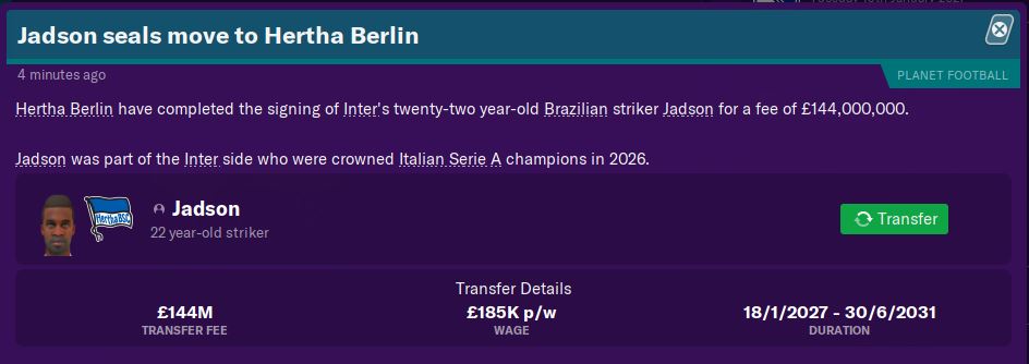 Another one to add to the unexpected occurrences in this game. Hertha Berlin, who haven't finished above 7th yet, splashing £144m on the star player from Serie A champions Inter Milan...  #FM20