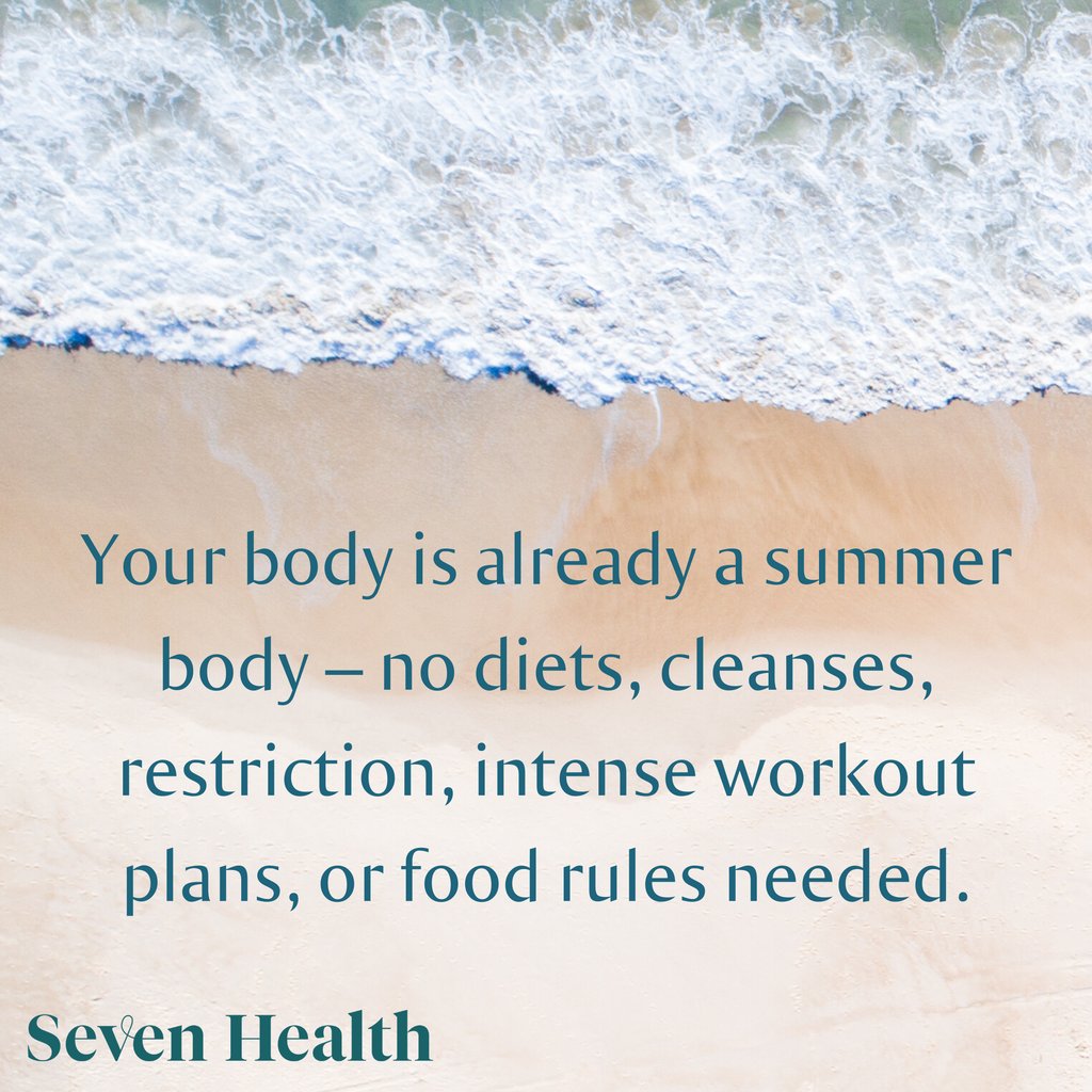 7Health's tweet image. Despite what BS marketing campaigns and sleazy diet-slinging influencers may tell you, you don’t need a diet, cleanse, restriction, intense workout plan, or food rules to have a summer body.

Just wait for summer and *boom* you have a summer body 💥

#edrecovery #mentalhealth