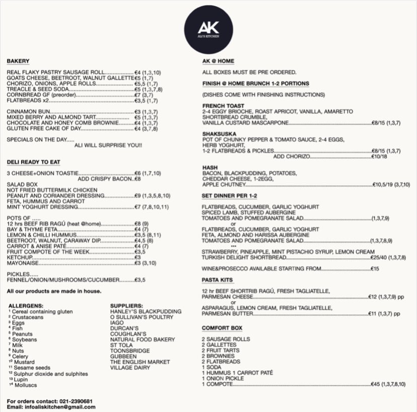 AlisKitchenCork's tweet photo. This weeks Menu! #bakery #deli #athome #purecork #akcork #corkcity Email ORDER infoaliskitchen@gmail.com https://t.co/ghMvxPeyNj