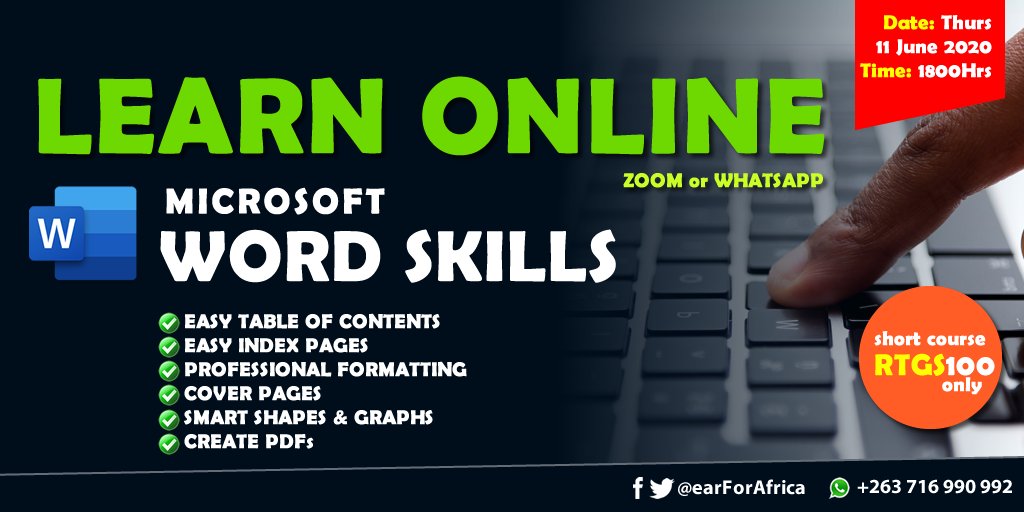 earForAfrica's tweet photo. Better your MICROSOFT OFFICE WORD skills, become more productive with your work documents, CVs and thesis / dissertation documents. Ever wondered how other's documents come out neat? Well this is YOUR Course! #Zimbabwe #lockdownzim #Africa

REGISTER: https://t.co/S1GFF0Wvtb https://t.co/ePKn30bvLh