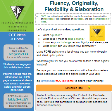fcpsaap's tweet photo. Let's use two #CCTatHome strategies today. First, take a moment to consider deep questions such as what is justice or what does it mean to take a stand? Then use FOFE to list ways we can honor diversity and stand up for justice. Share your ideas &amp; tag @fcpsaap #SocialJustice https://t.co/DobupCERMQ