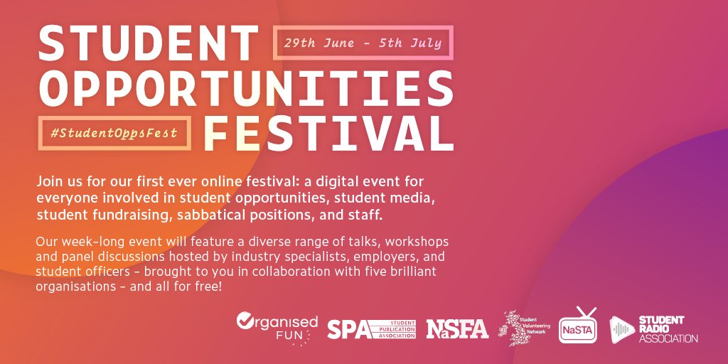 🔥 Student Opportunities Festival 🔥 

A free, 7-day, online festival all about your favourite topic student opportunities!! We’re excited to join forces with so many incredible organisations 🤩 

Keep an eye on our social media &amp; the event over on Facebook! 📲