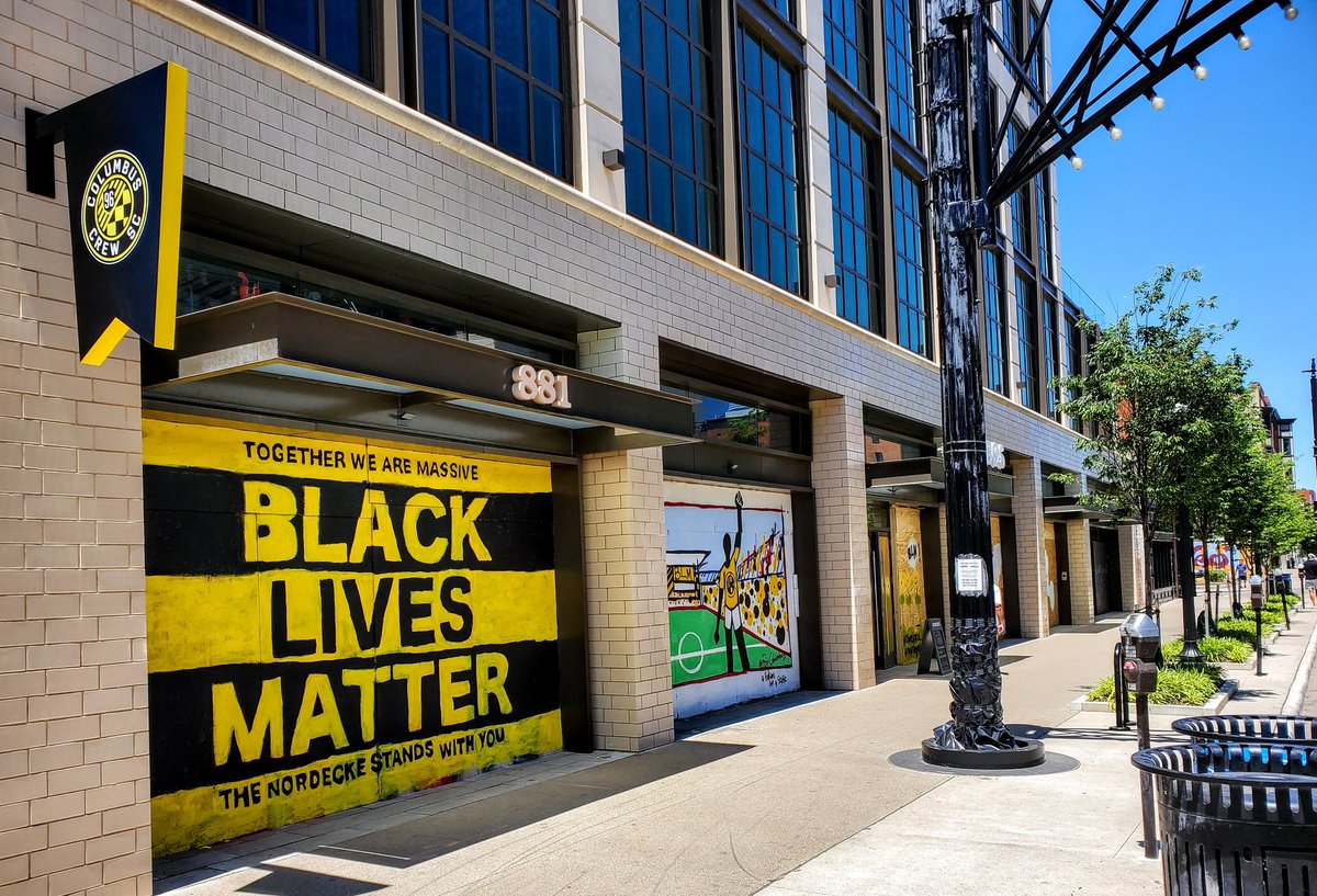 The @ColumbusCrewSC and #Nordecke came together this weekend to put up murals at the Short North Experience Center and send a clear message.

We are one massive family that stands together against hate. 

#BlackLivesMatter 
#Crew98 #ForColumbus