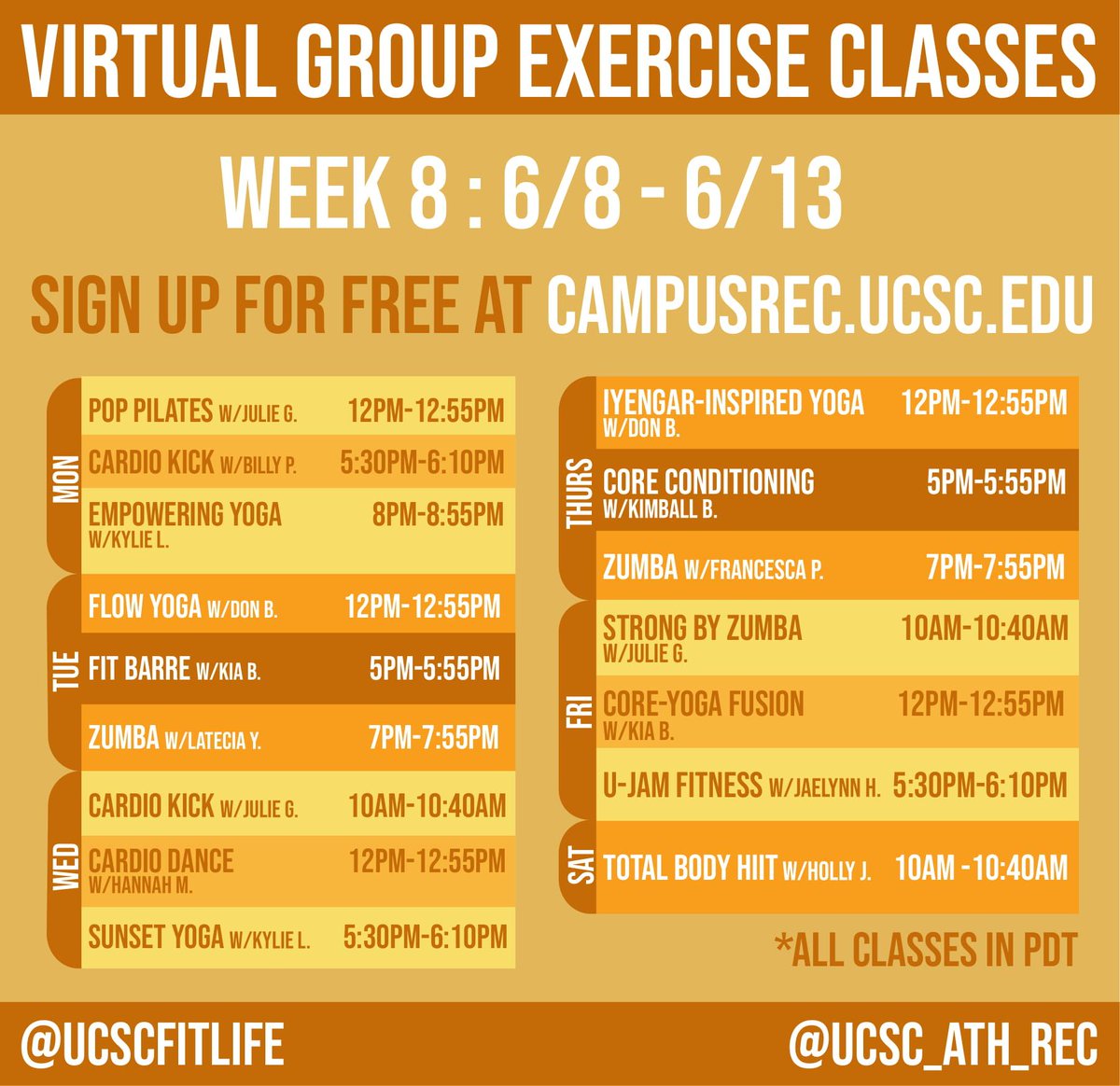 Blow off some final stress this week, with one of our classes! You can sign up at the following link buff.ly/2A25y95. #StayHome #GoSlugs #StayHealthy😀