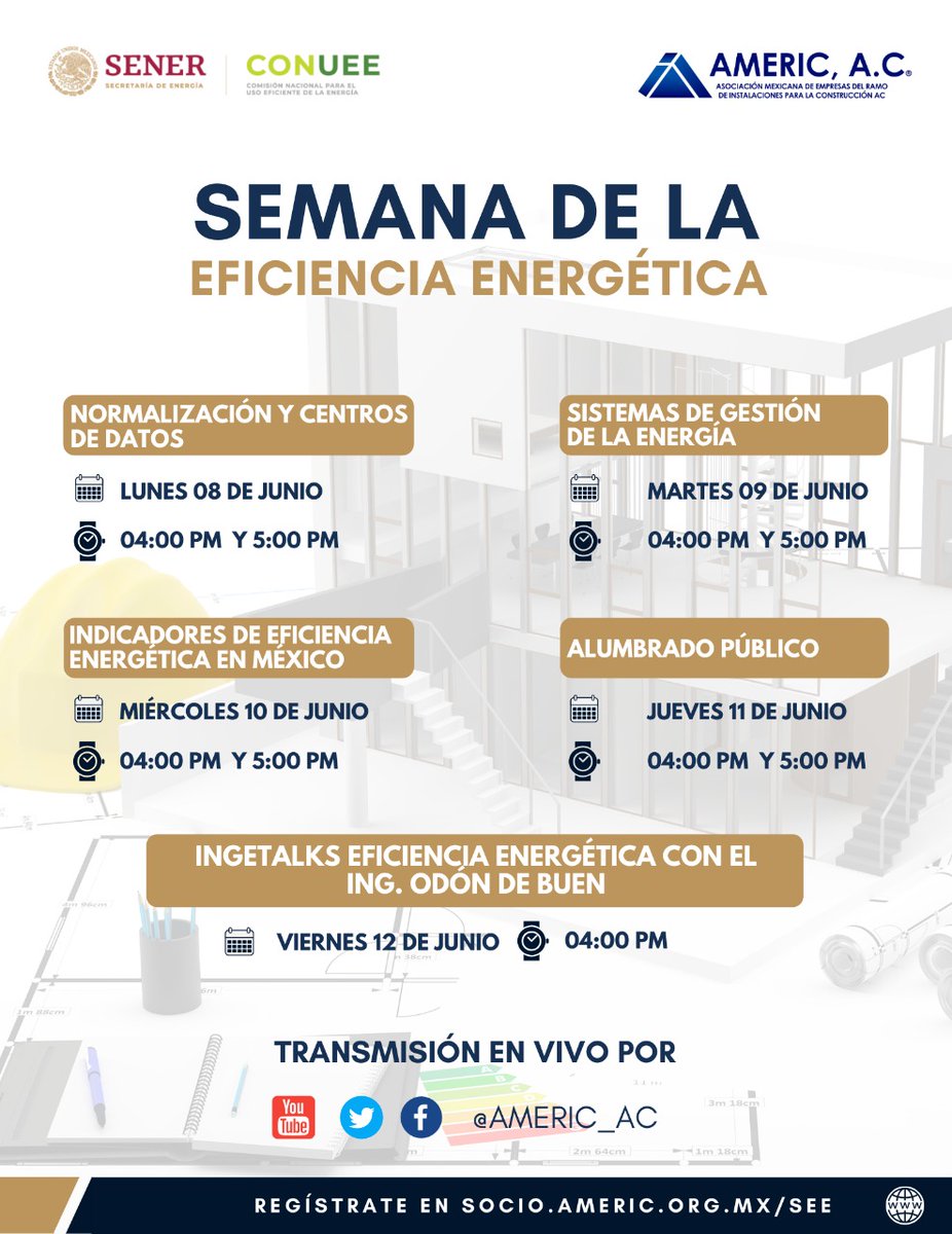 Te compartimos la 🗓️ agenda de esta Semana de la Eficiencia Energética, organizada por @americmx  y <a href="/CONUEE_mx/">CONUEE_mx</a> 
¡No te pierdas los #webinar, recuerda que el acceso es gratuito! bit.ly/3caDqOo