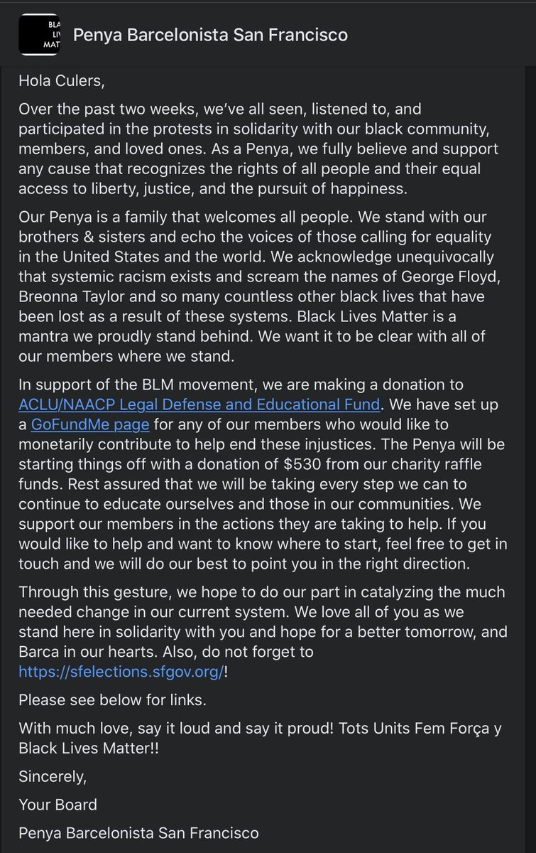 Hola Culés,

Please see the photo for our statement on the BLM Movement. Below are the links referenced:

Register to vote:
sfelections.sfgov.org
Info about the ACLU/NAACP Legal Defense Fund:
aclu.org/legal-document…
Gofundme:
gofundme.com/f/penya-fcb-sf…