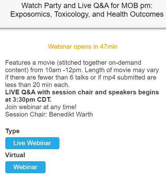 ben_warth's tweet photo. Happening now: #ASMS2020 Watch Party and live Q&A on 'Exposomics, Toxicology & Health Outcomes'. Featuring great speakers, don't miss them
#ASMS2020 #exposome #exposomics #metabolomics #adductomics @asmsnews https://t.co/4TLGtCXAs6