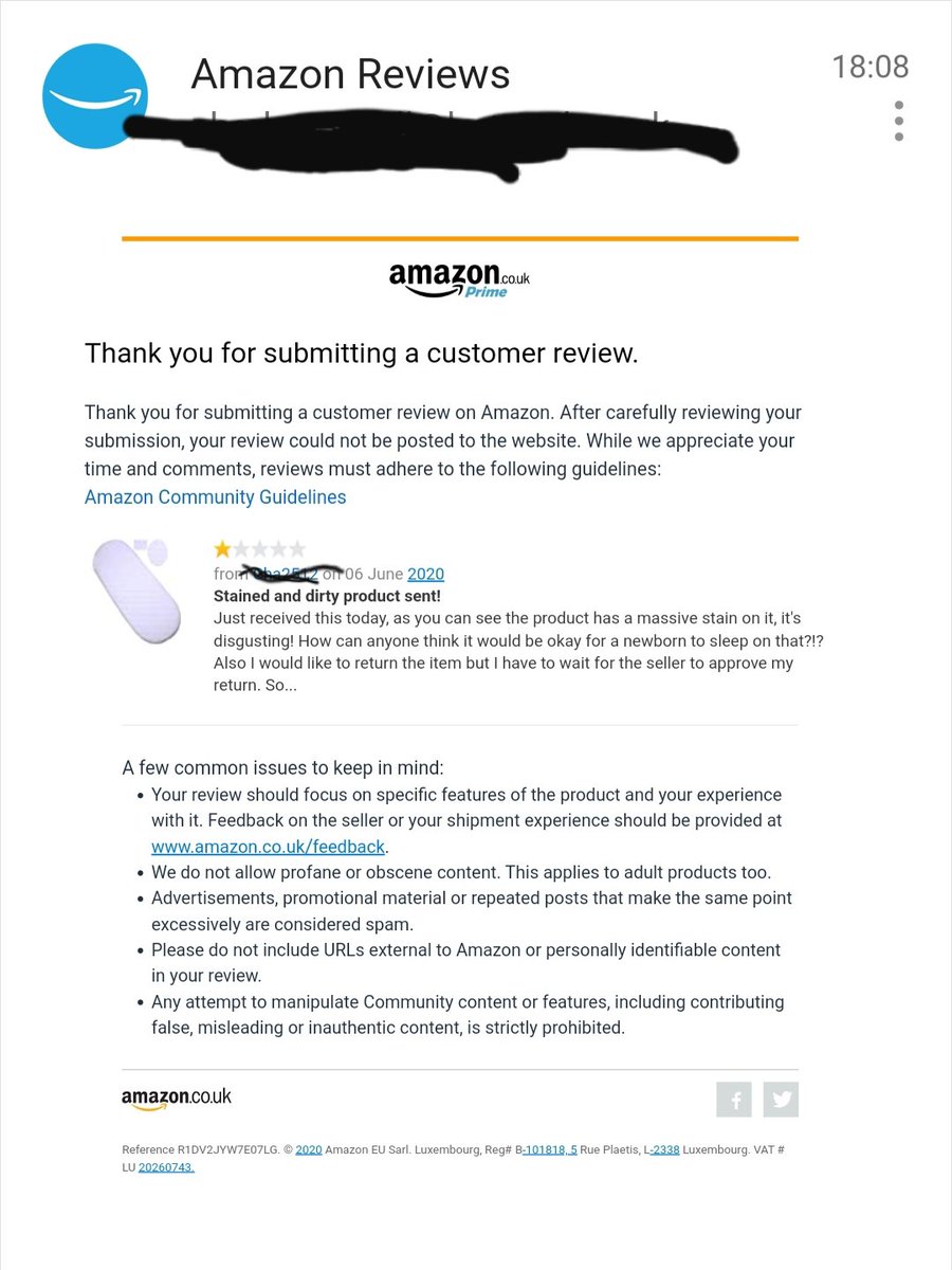 Snell2512's tweet photo. So @AmazonUK have refused to post my review of a moses basket mattress I received, saying the review doesn't meet community guidelines. You can see it was factual &amp; included an image of the filthy mattress, clearly more interested in keeping the seller happy! @joelycett thoughts? https://t.co/37k19KxBHB
