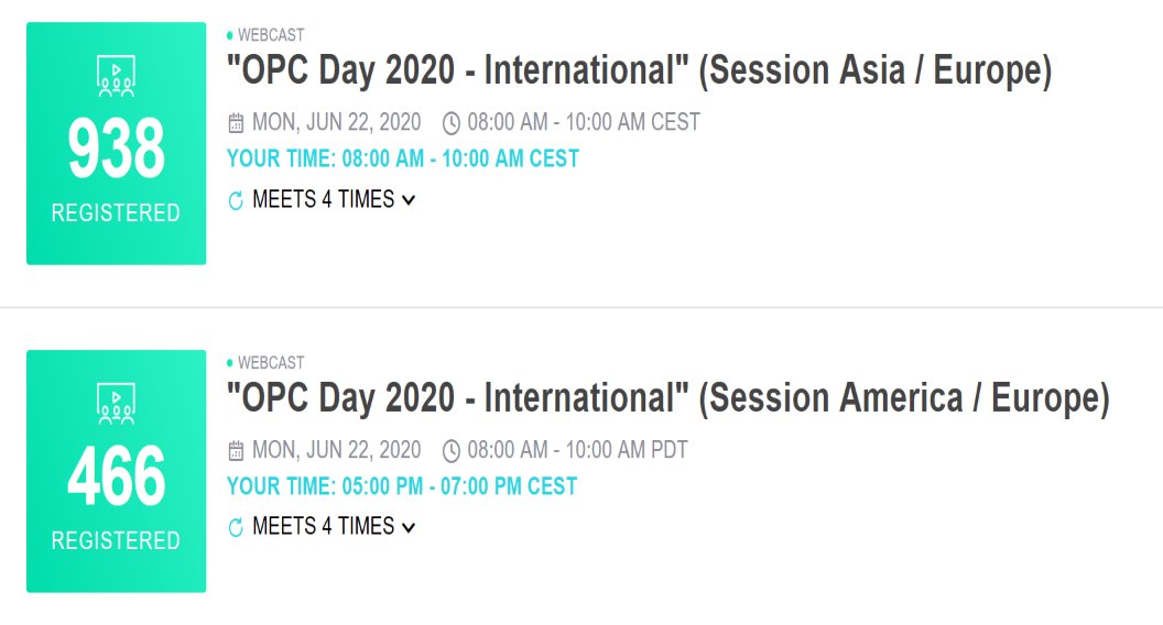 OPCFoundation's tweet photo. 1400+ registrations "OPC Day 2020" to learn about #opcua based cloud connectivity, harmonization of information models for the factory and process industries and new underlying IT technologies such as TSN and Ethernet APL to extend future applications: https://t.co/kxe63HdpT3 https://t.co/yGcUu3OgmU