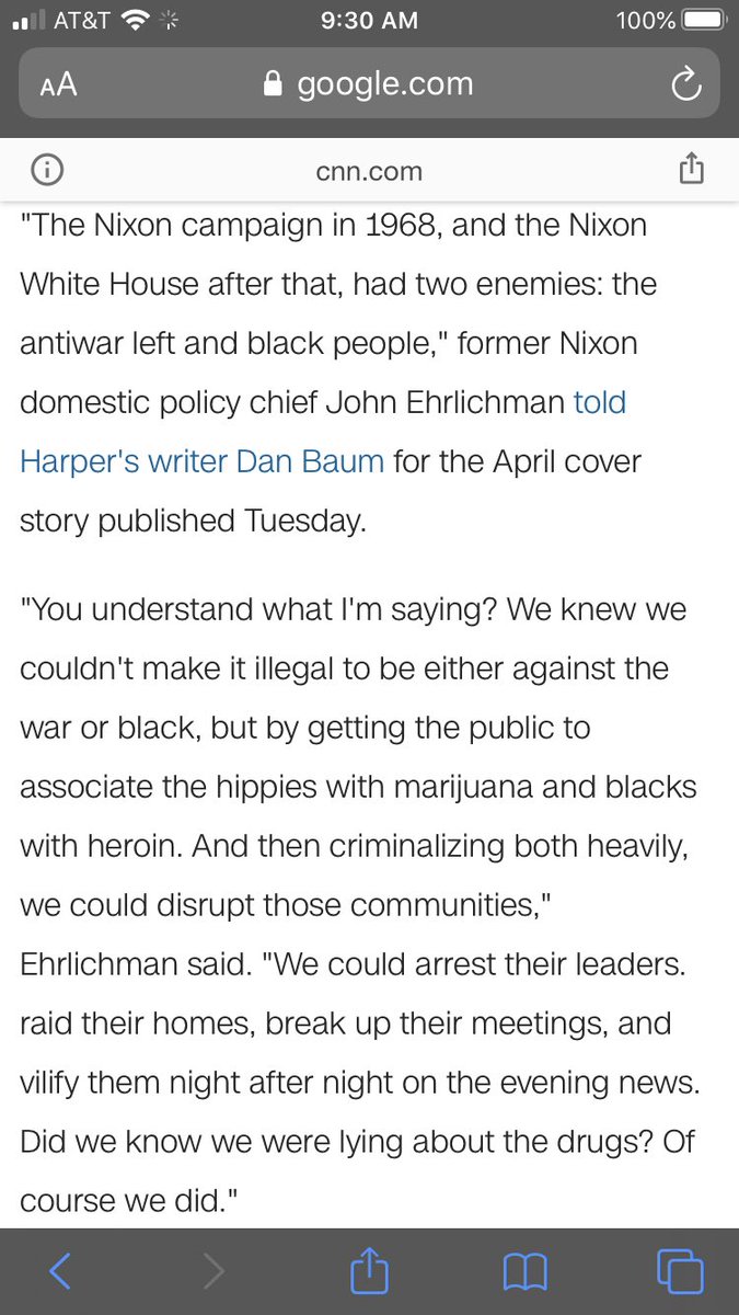 First, the most obvious evidence it was almost entirely racially motivated. Richard Nixon began the war on drugs in ‘68 immediately after the civil rights movement. His campaign revolved around being “tough on crime.”Here is a direct quote his domestic policy chief: