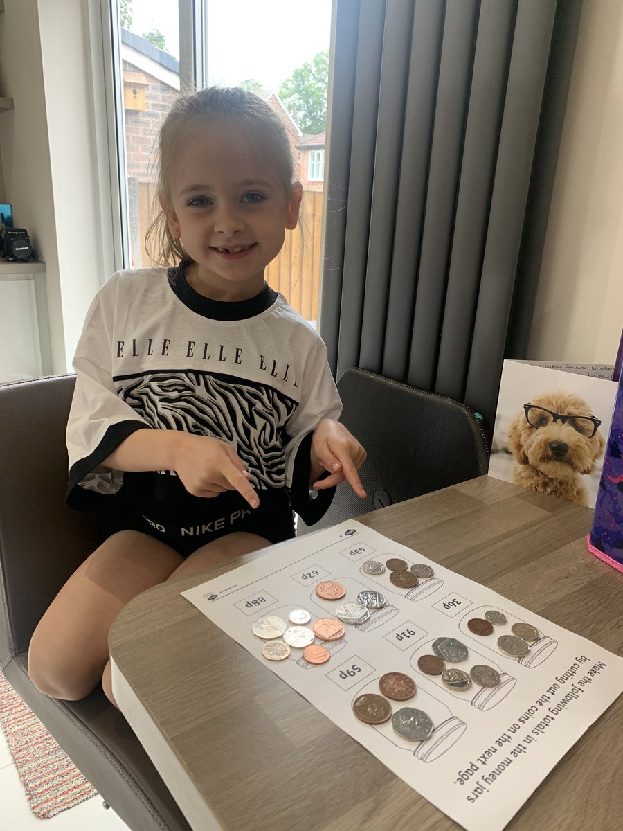 emzj's tweet photo. @Broadoak_Year3 Back to home schooling today for Ruby. We ran out of paper for the printer so resorted to using real money for today’s maths task!💰💷 https://t.co/vBrlBsccTD