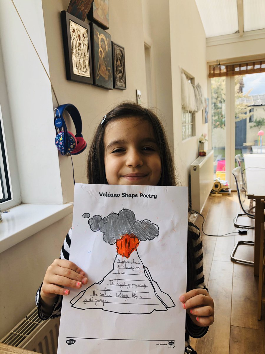 thubelina's tweet photo. @EastfieldPS #eastfieldbettertogether Marianthi’s volcano 🌋 shape poem! She worked very hard this morning! Have a nice evening! 🙏💙 https://t.co/9t7VKJ5qWN