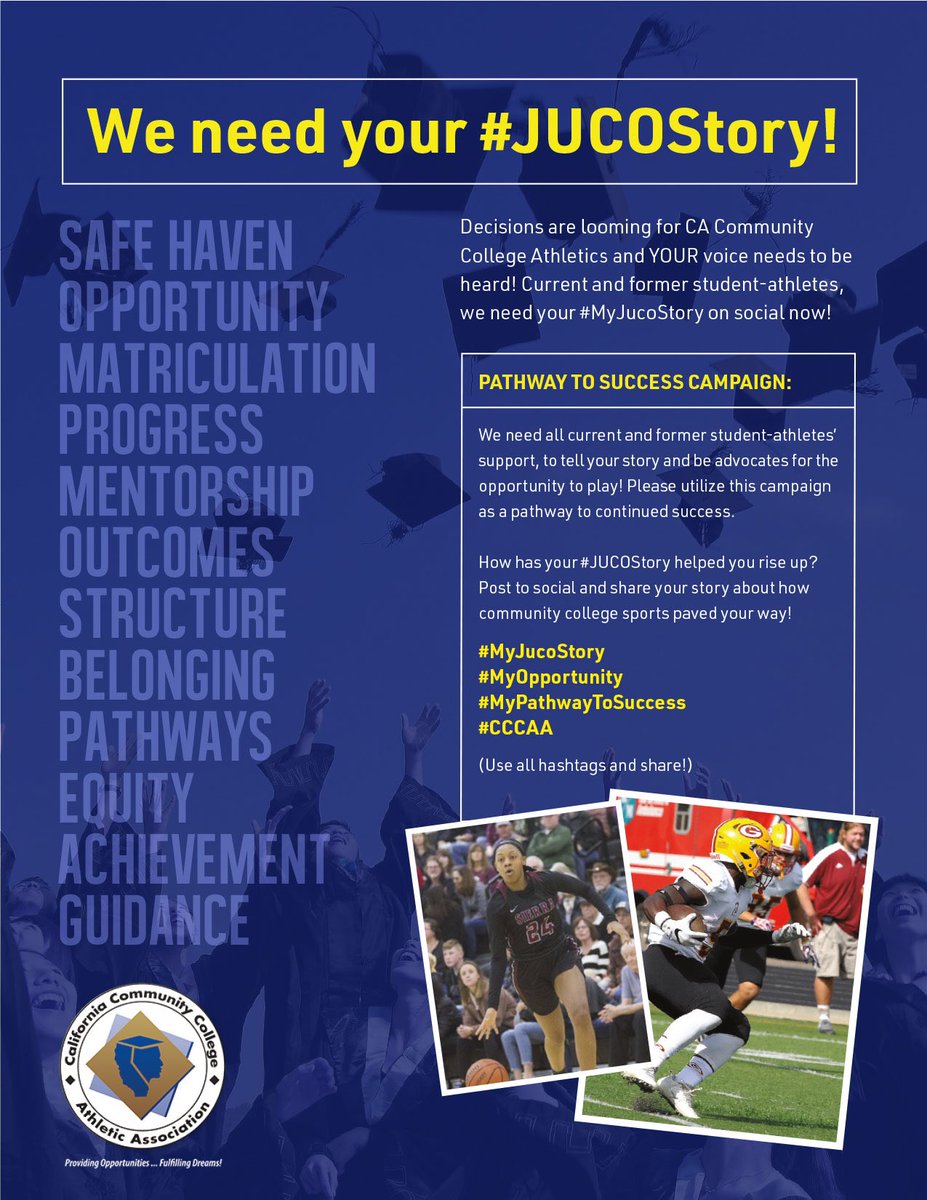 PcacSports's tweet image. Calling on former athletes, students and coaches to share their stories.  @sdmesaathletics @sdcityknights @PmarAthletics @GoMiramarJets @gcghouse @ivcollege @MCCSPARTANS @swcjags @cuyamacacollege 
#MyJucoStory