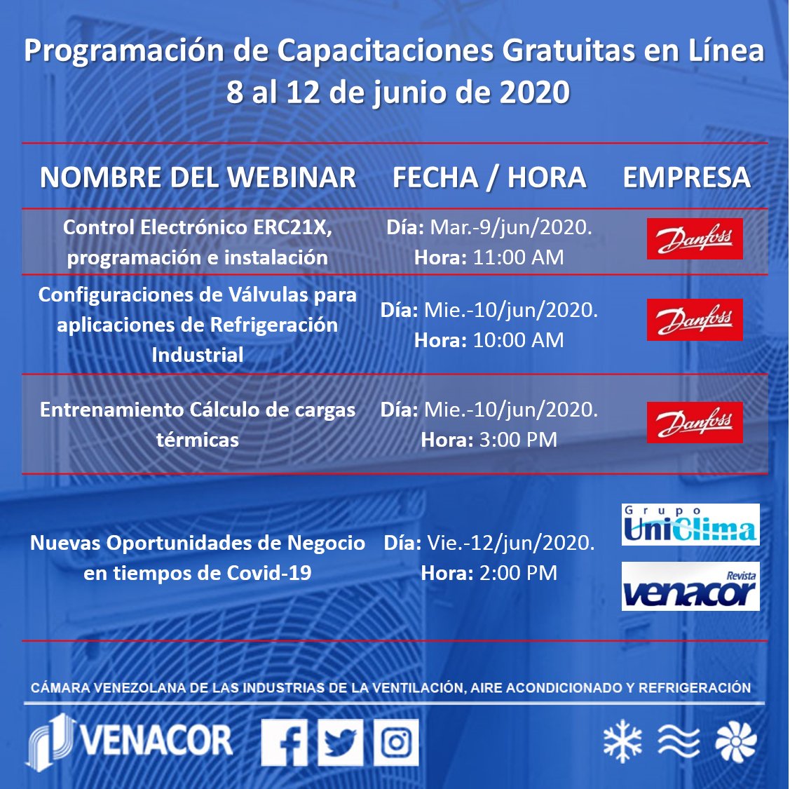 Venacor's tweet image. PROGRAMACIÓN DE CAPACITACIONES TÉCNICAS GRATUITAS EN LÍNEA – SEMANA 8 AL 12 DE JUNIO DE 2020
+ info 
shorturl.at/eks37