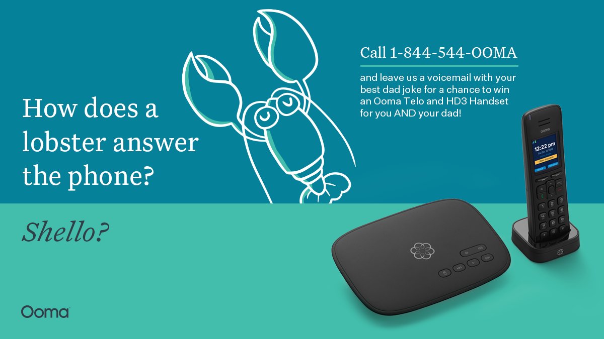 Ooma's tweet photo. 📢 Attention, dad joke enthusiasts! We want to hear your best ones. You could win the perfect #FathersDay gift: an Ooma Telo &amp; HD3 Handset for you AND your dad! Call 1-844-544-OOMA and tell us your joke for a chance to #win! https://t.co/8NjSoXnhtd