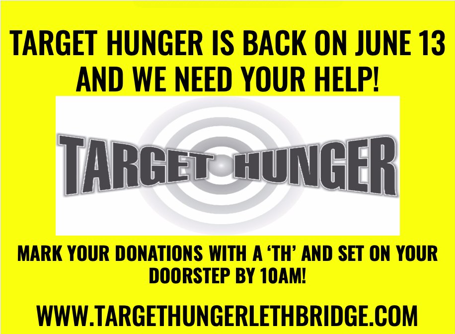 Hey #YQL! 

Target Hunger is just around the corner! 

Remember that there is NO BAG DROP-OFF! 

Put your food donations out in a bag/box MARKED WITH A 'TH', and one of our lovely volunteers will come pick them up! 

Spread the word to your family, friends, and neighbours!