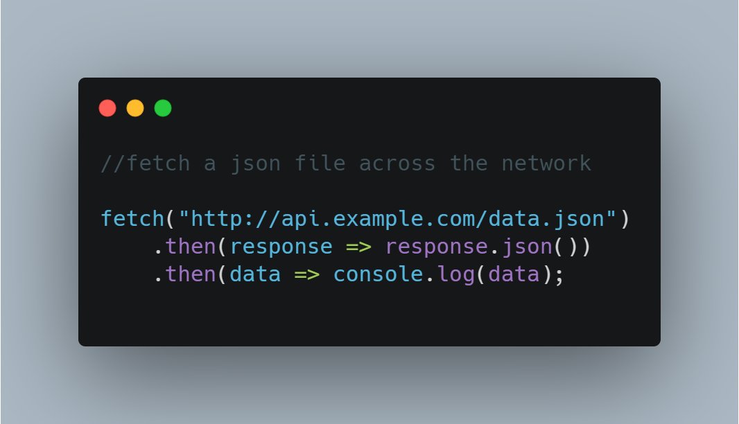 codingboydeepak's tweet image. A basic fetch request takes one argument => (the path to the resource you want to fetch) and {returns a promise containing the response (a Response object).}
#javascript #HTML #CSS3 #CodeNewbie #Coder #webdev #webdeveloper #APIs