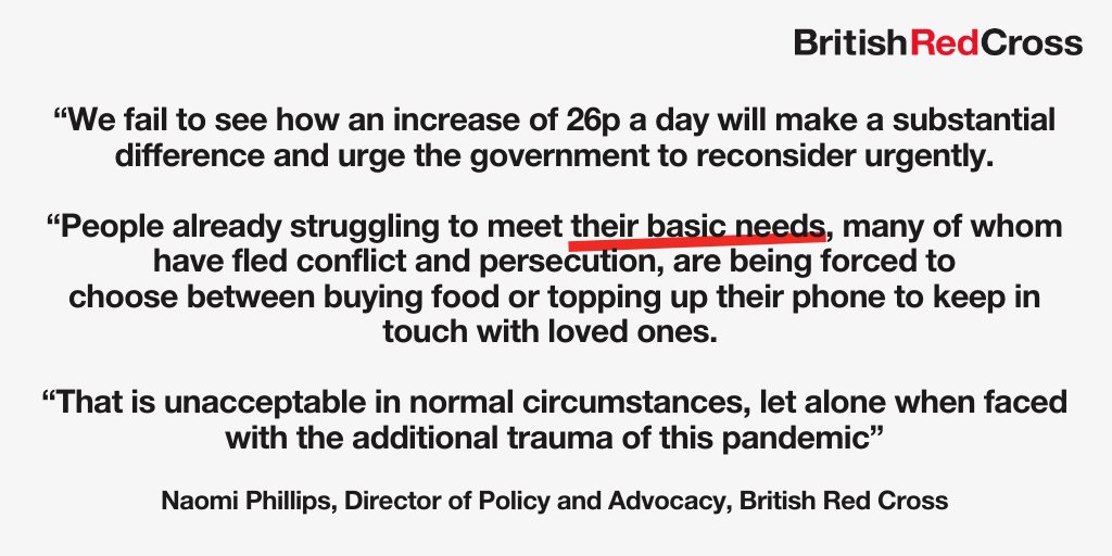 RedCrossPolicy's tweet image. Since #covid19 hit, along with others we have been calling for the £37.75 people in the asylum system receive to be increased.

Today, the @ukhomeoffice announced a 26p per day increase.

We don't think that's enough for people to meet their basic needs.

#EveryRefugeeMatters