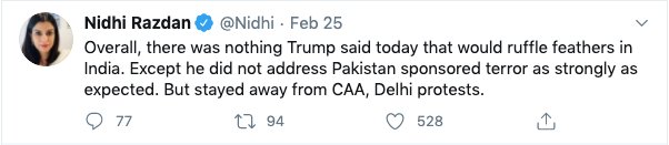  @Nidhi "Senior US admin official" - no other media outlet given briefing by this source, source not provided. CAA inserted in bracket to lead readers. Trump doesn't talk about CAA. Propoganda post to stir up emotions.