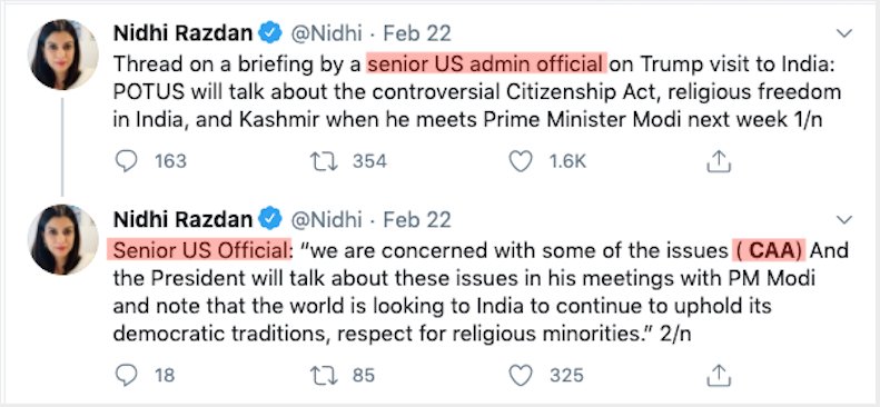  @Nidhi "Senior US admin official" - no other media outlet given briefing by this source, source not provided. CAA inserted in bracket to lead readers. Trump doesn't talk about CAA. Propoganda post to stir up emotions.