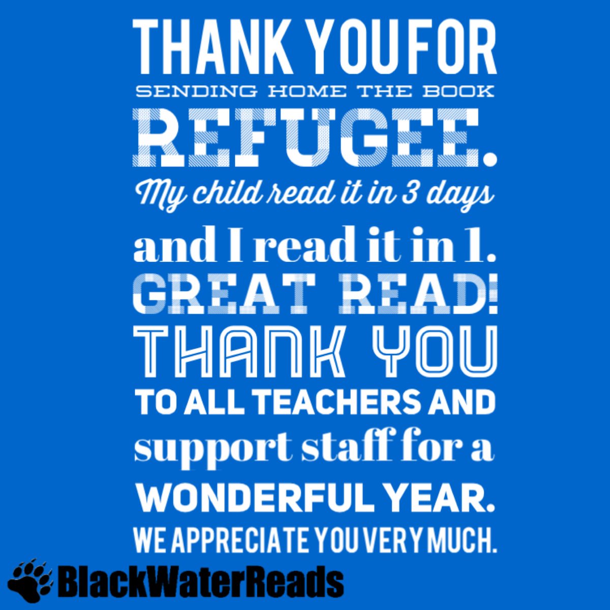 ReCRUTEnReaders's tweet photo. Sent home the book Refugee by @AlanGratz for summer reading! Check out what a parent said about this free book giveaway! #quote #hcslibrarymedia #leadhcs #leadhcsmiddle #summerreading #blackwaterreads #blackwatermiddleexperience #thankyou https://t.co/vOaccMUYU0