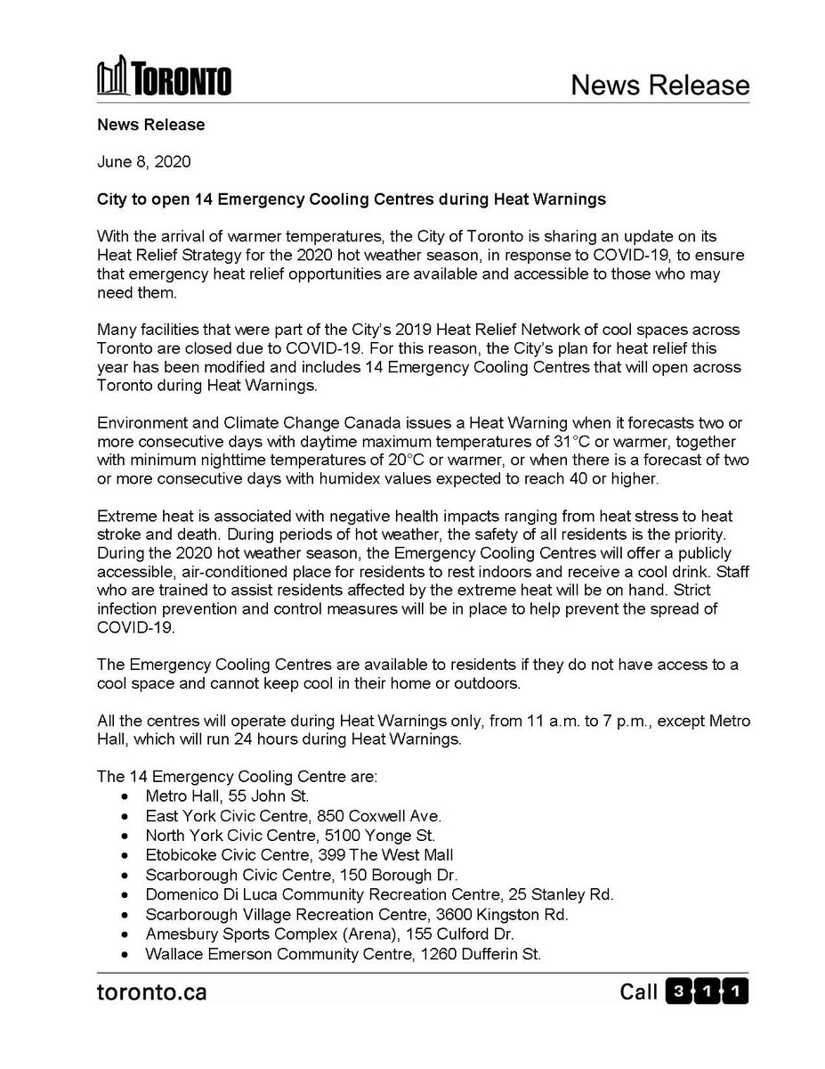 City Of Toronto City To Open 14 Emergency Cooling Centres During Heat Warnings News Release T Co Vgolybxapn