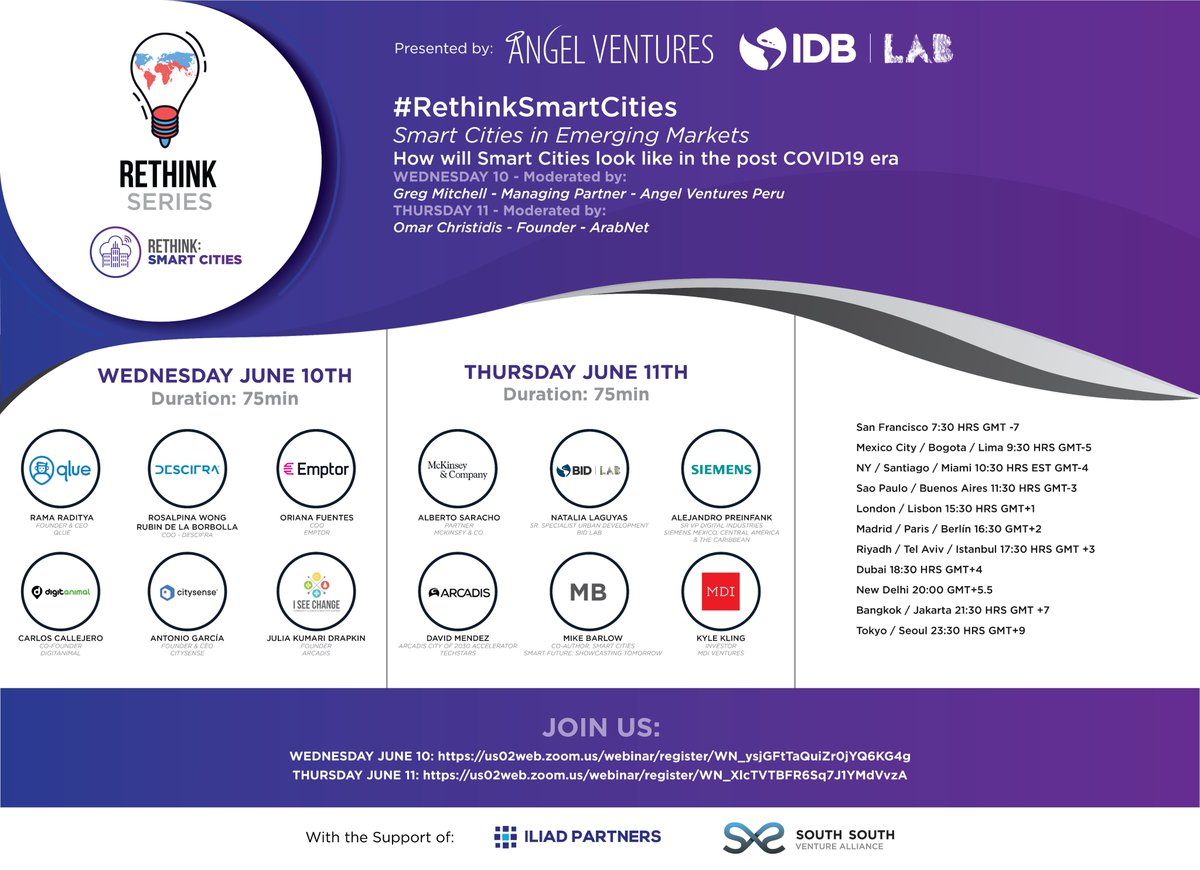 AVM_Mex's tweet photo. Join us this week on the #RethinkSeries with two panels on #SmartCities with top #startups, #VCs & corporates from around the world brought to you by @AVM_Mex @IliadPartners #SSVA & @IDB_Lab📣
Startups Session: https://t.co/FqbbpdMuGd
VC/Corporate Session: https://t.co/Ar2b5hHH7k https://t.co/bih3435p5p