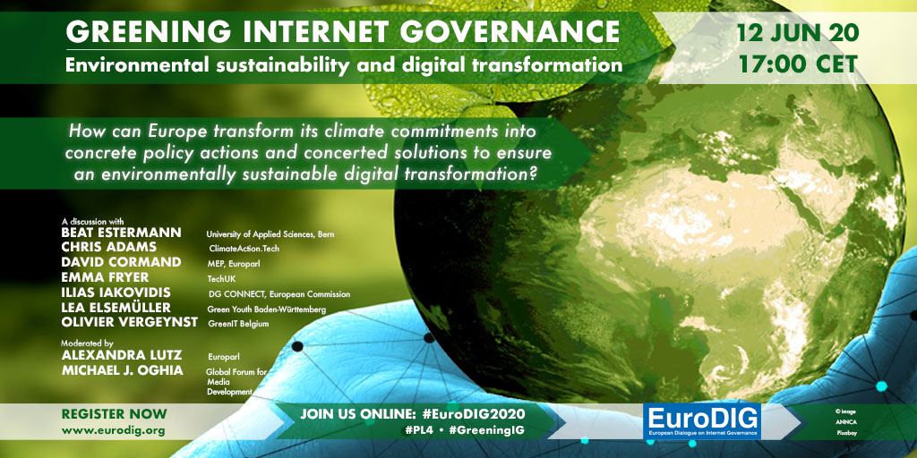 How to ensure a #sustainable #digital transition in Europe? Join the plenary on 🌱Greening Internet Governance🌱 at @_eurodig June 12th 5pm GTM+2. Register before Tuesday 9th to attend ➡️ shorturl.at/dhvJM ⬅️ #EuroDIG2020 #Pl4 #GreeningIG #DigitalSustainability #GreenICT