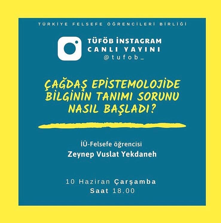 Bu Çarşamba günü sevgili <a href="/tufob_/">TÜFÖB</a> ekibinin gerçekleştireceği Instagram canlı yayın oturumunun konuğu yazarlarımızdan <a href="/zvuslatyekdaneh/">vussy ❦</a> olacak. 

Çağdaş epistemolojinin ele alınacağı bu sohbeti kaçırmayın.👇